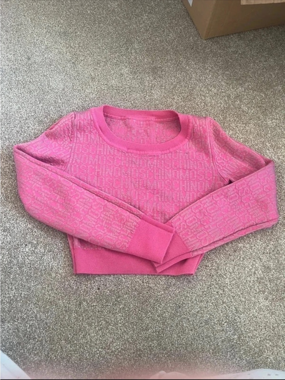 Moschino Pink Logo-Textured Cropped Crew Sweater